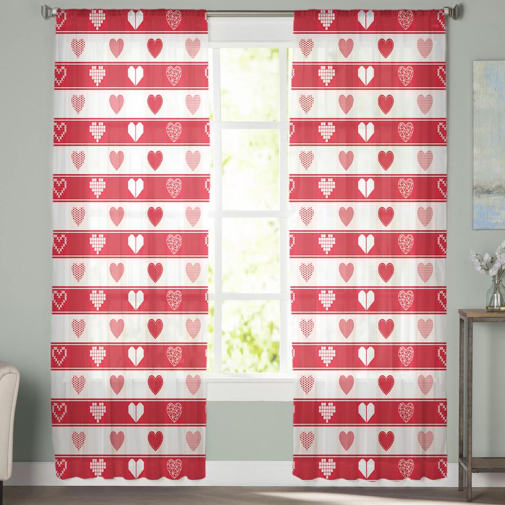 Valentinstag Plaid Rotes Herz Tüll Vorhänge Für Wohnzimmer Schlafzimmer Wohnkultur Chiffon Sheer Voile Küche Vorhang