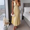 Women's Elegant High-Waist Solid Color Dress | V-Neck Sleeveless Hollow Out Backless Pleated Midi Dress