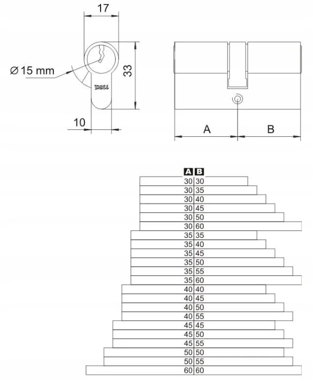 Satin Cylinder Lock Insert 30/ + 3 Keys