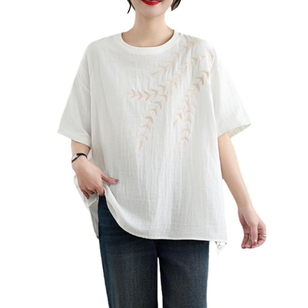 JoccKorr Short Round Side Solid Plus Sizes Loose Everyday Women's T-Shirt, Blouse, Sleeve, Collar, Cotton-Linen, Embroidered, Slit, Color,