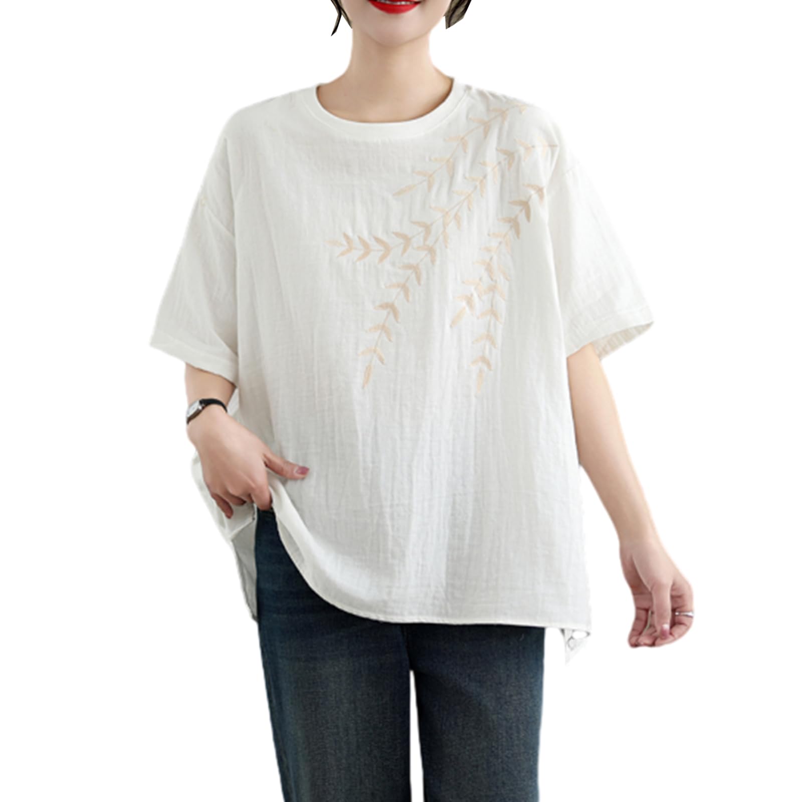 

JoccKorr Короткий Круглый Боковой Однотонный Большие Размеры Свободный Повседневный Женская Футболка, Блузка, Рукав, Воротник, Хлопково-Льняной, Вышитый, Разрез, Цвет, белый