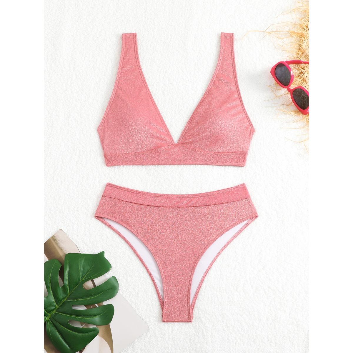 Сексуальный блестящий женский купальник бикини с высокой талией летний женский купальник пуш-ап комплект бикини из двух частей купальник купальник бикини XS розовый