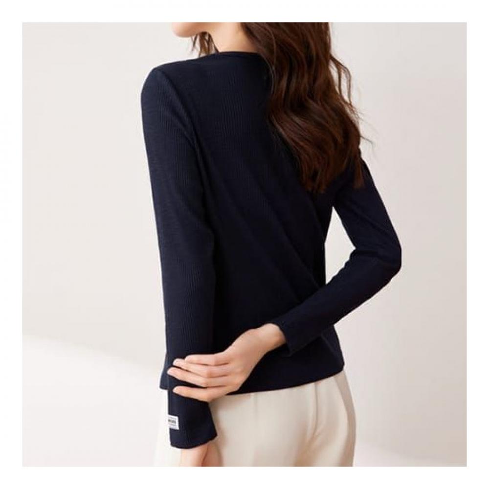 Navava Long Sleeve Ribbed BuTTon SliT Neck T shirT nT1415