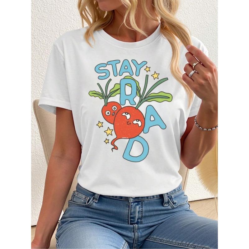 

Cute Radish & Stars Print Soft Lightweight Crewneck Tee, Relaxed Fit Short Sleeve Top with Suitable for Spring Fall Summer Casual Outfits S белый