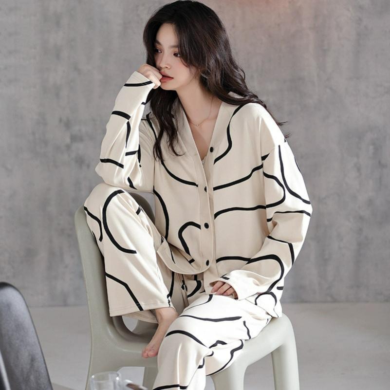 Pajamas Women's Cardigan Spring and Autumn Models Autumn Long-sleeved Cute Girl Models Ins Home Service