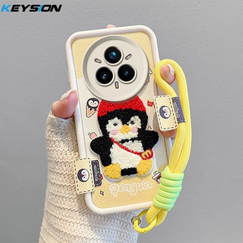 KEYSION Cartoon Cute Plush Embroidery Case for Realme 14 Pro+ 5G with Lanyard Shockproof Phone Cover for OPPO Realme 14 Pro 5G