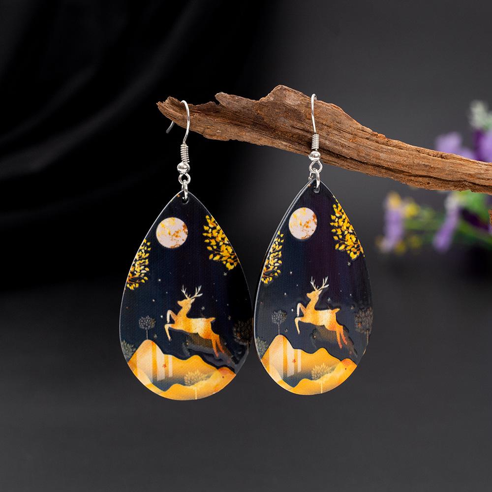 Gold Reindeer & Leaf Pattern Acrylic Teardrop Christmas Earrings for Women
