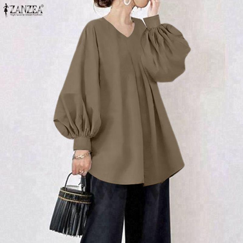 ZANZEA Lässige Bluse mit V-Ausschnitt und langen Ärmeln für Damen in Volltonfarbe
