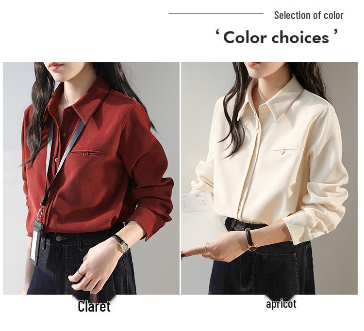 Women's Retro Red Lapel Shirt - 2026 Spring/Autumn Brushed Long Sleeve Top