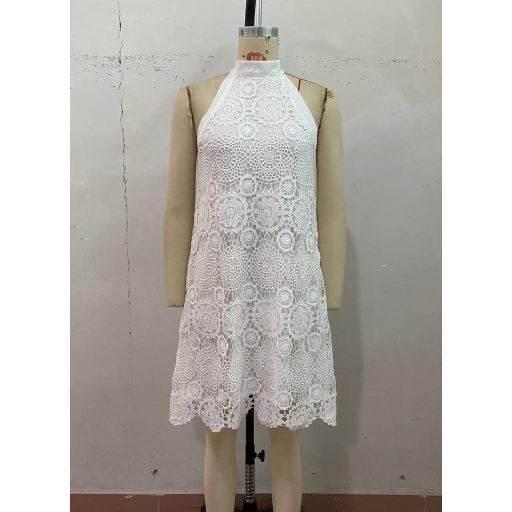 Summer New White Jacquard Halter Neck Sleeveless Dress Sweet Vacation Beach Dress European American Style