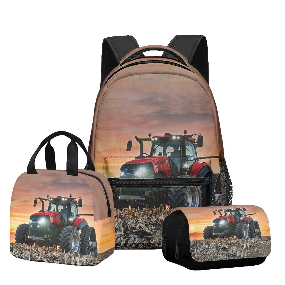 Classic Novelty Cool Tractor pattern 3D Printed 3pcs/Set Student School Bags Laptop Daypack Backpack Lunch bag Pencil Case