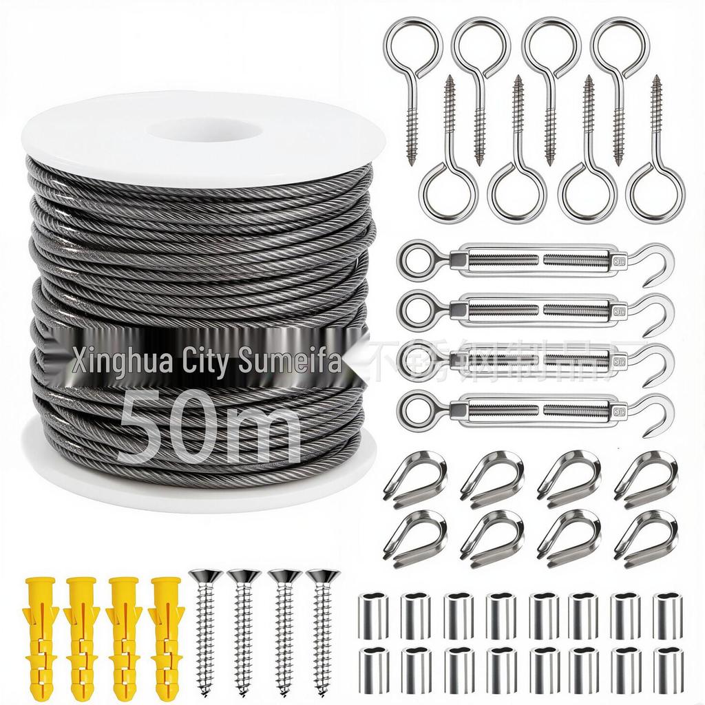 Beschriftbares 15m/50m Stahlseil mit Kunststoffummantelung Gartenseil Seilspanner-Kit - Tragfähiges Aufhängungsdrahtseil