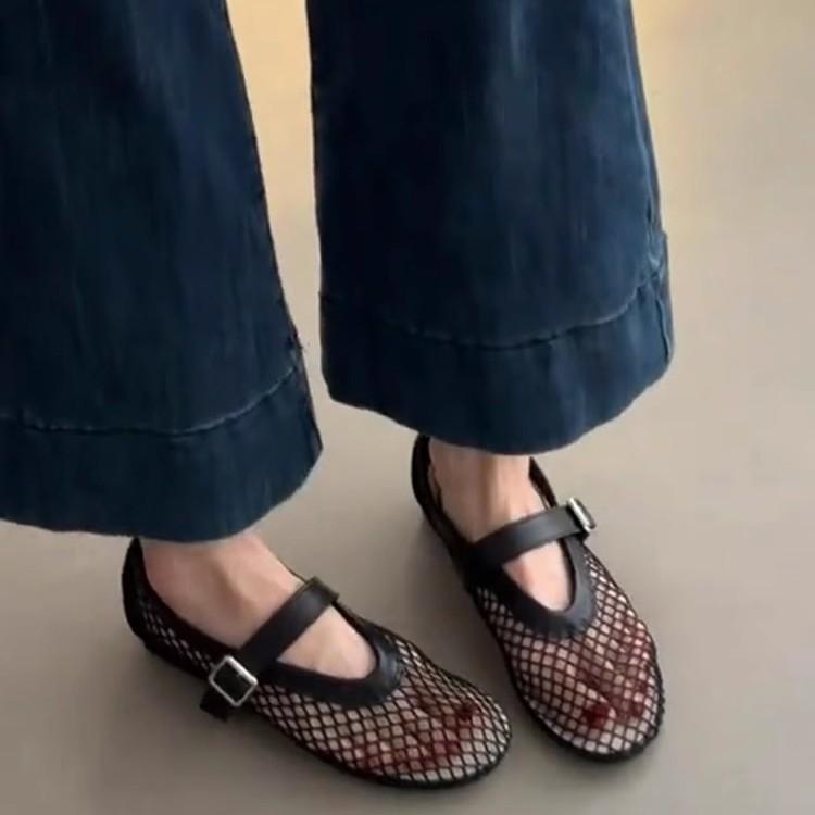 Sheepskin Version~ Korean Version of Niche Mesh Yarn Hollow Shallow Mouth Single Shoes Women's Summer One-word Belt Outside Wear Breathable Flat Sand