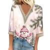 Women's Loose Casual Three-quarter Sleeve V-neck Lace Loose Christmas Print T-shirt Top