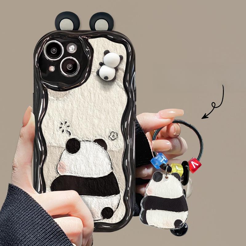 Applicable To Apple 14promax Mobile Phone Case IPhone 15 Cute Cartoon Panda Doll Stand Pendant 13 Silicone