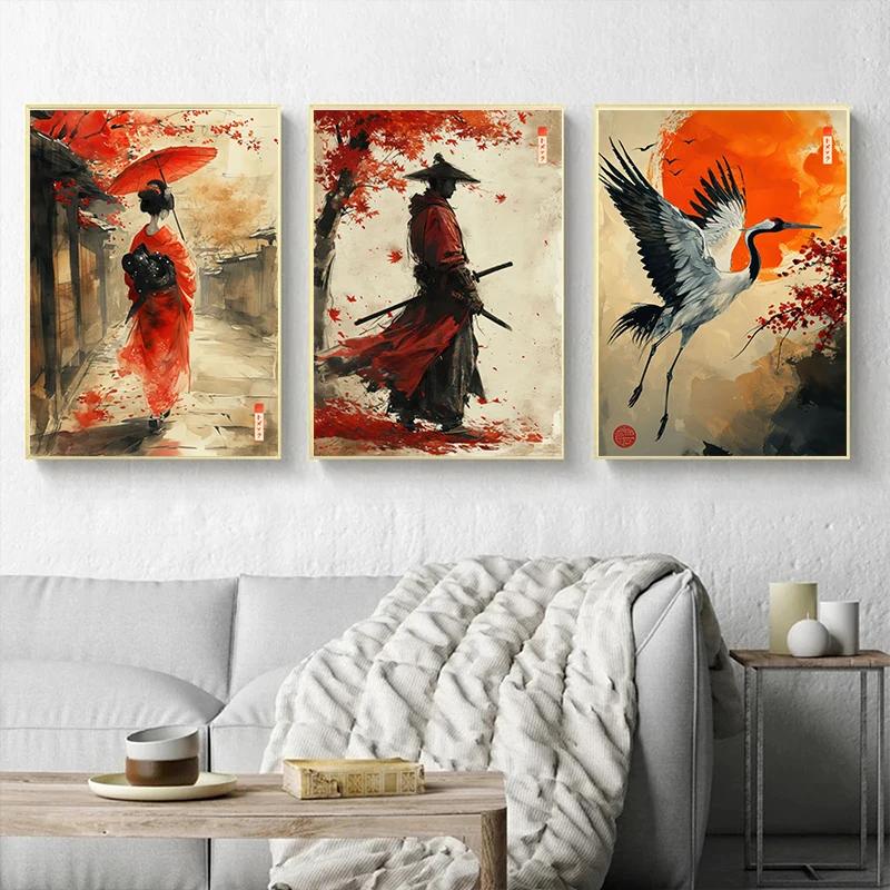 Sumie Japanese Ink Paint Geisha Samurai Landscape Prints Poster Canvas Painting Modern Wall Art Picture Living Room Home Decor