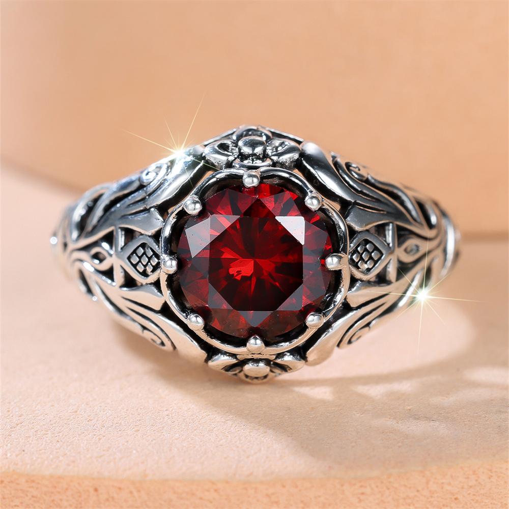 Red Zircon Big Round Stone Vintage Flower Rings For Women CopperColor Engagement Ring Wedding Jewelry Bridal Mother's Day Gifts