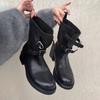 Cowhide version~ Retro belt buckle knight boots thick heel western cowboy boots women's thin boots round head locomotive short boots
