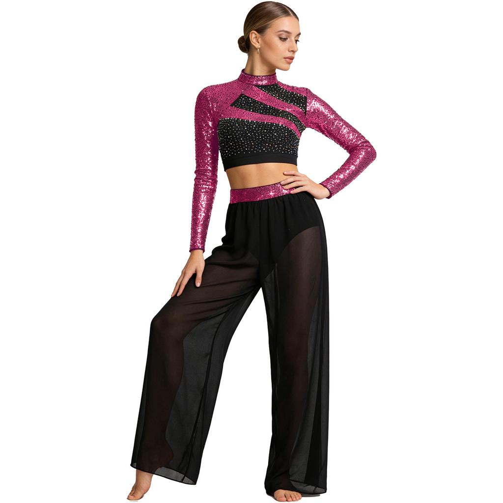 S-XXL Women Two-Piece Lyrical Dance Outfit Mock Neck Long Sleeve Cutout Back Sequins Rhinestones Crop Top with Side Split Sheer Chiffon Pants
