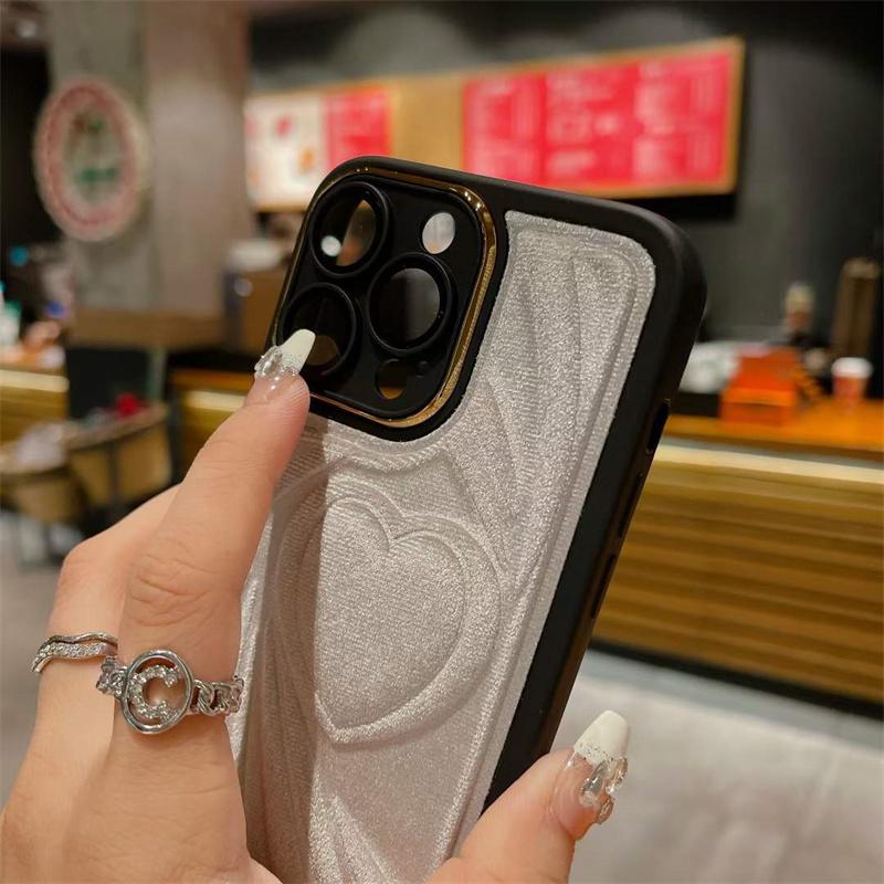 Luxury Fashion Velvet Love Heart Soft Silicone Phone Case For iPhone 15 14 13 12 11 Pro Max Shockproof Cover