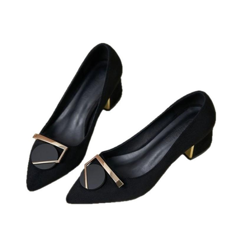 Black single shoes women's pointed head thick heel autumn new temperament high heels retro socialite style shoes