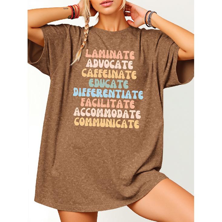 Macaron color scheme inspirational text print for education practitioners T Shirt| Teacher's Commuting Gentle Casual Loose Round Neck Top|Vintage