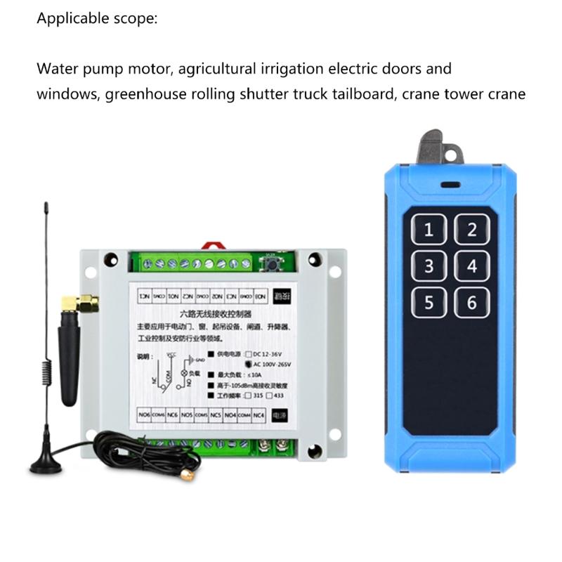315Mhz/RF433Mhz Wireless Remote Control Switch DC 12V-24V Relay 6CH Receiver Controller and 6Button Transmitter
