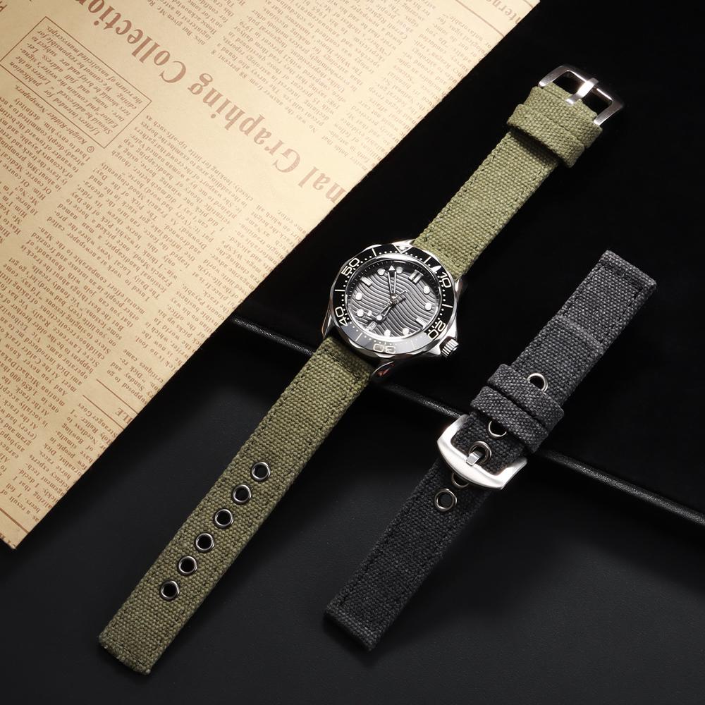 20 22 24mm Double Canvas Thickened Nylon Watchband Vintage Military Watch Bracelet Men Wear-Resistant Denim Strap Black Green