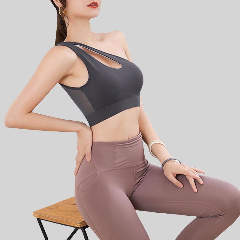 

Жіночий спортивний бюстгальтер для йоги з сітки на одне плече: Ударостійкий, дихаючий та стильний дизайн спини Extra Large темно-сірий