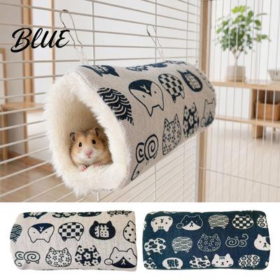 Small Pet Tunnel Hamster Bed Guinea Pig Hideout Tunnel Cute Cat Prints Plush Lined Hanging Cozy Hideout Cage Accessory for Sugar Glider Chinchilla