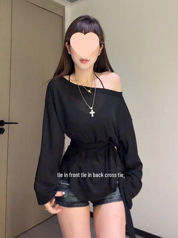 Off-Shoulder Sun Protection Cardigan T-Shirt - Women's Loose Long-Sleeve Trendy Summer Top