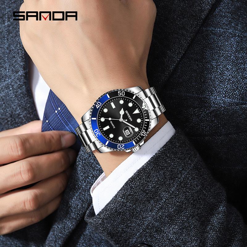 Sanda Men's Green Water Ghost Quartz Watch - Casual Waterproof Steel Band Wristwatch