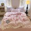 Korean Style Bedding Sets  Pink Grid Bow Quilt Cover Romantic Bed Sheet Sets Woman Girls Bedroom Duvet Cover 4pcs