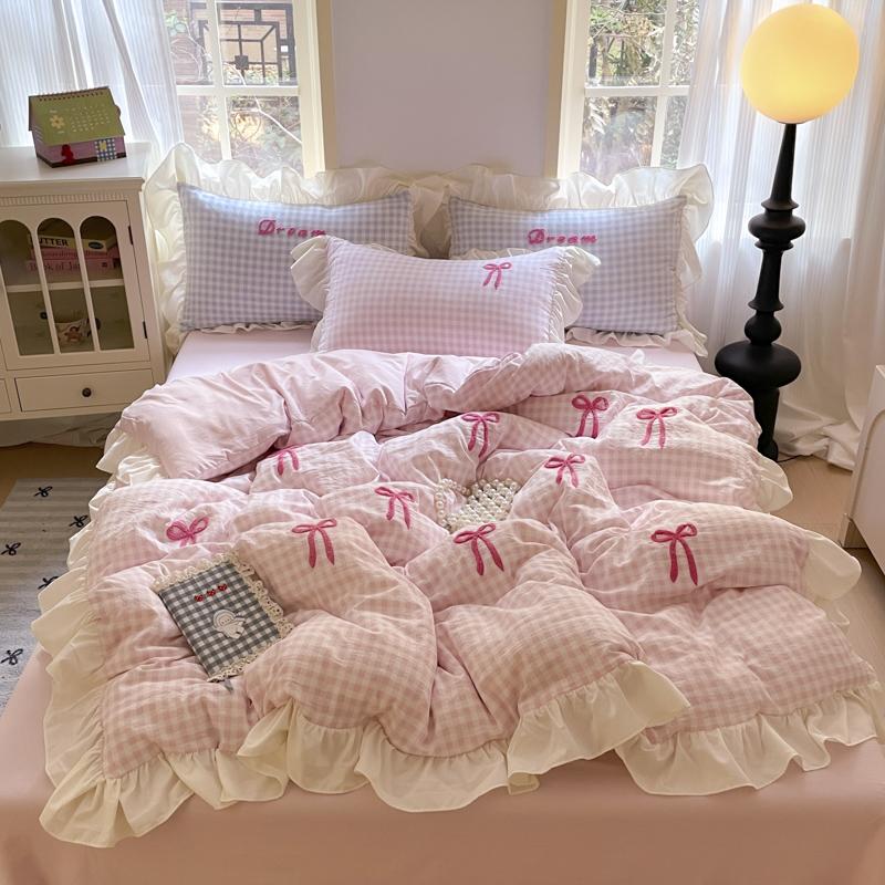Korean Style Bedding Sets  Pink Grid Bow Quilt Cover Romantic Bed Sheet Sets Woman Girls Bedroom Duvet Cover 4pcs