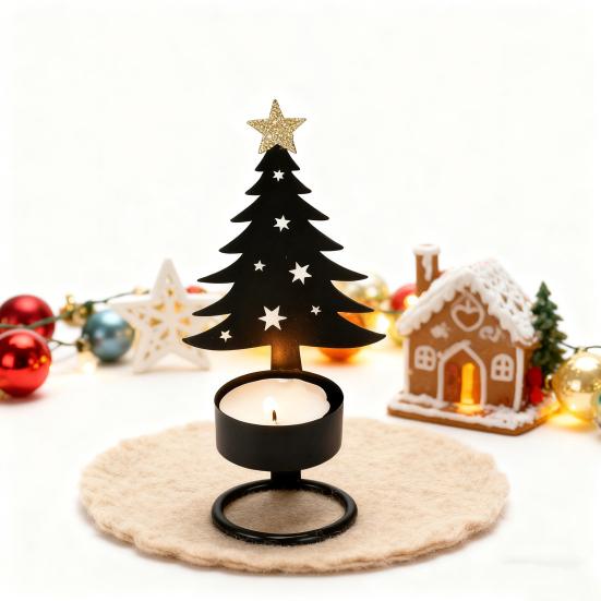 Metal Christmas Tree Candlestick Small Tree Shaped Candle Holder Holiday Tabletop Centerpiece for Home Shelf Fireplace Decor
