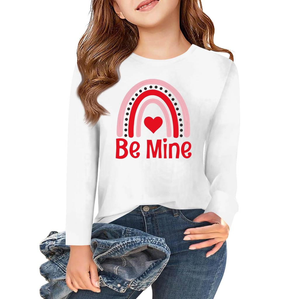 Dziewczęce koszulki z długim rękawem Love na Walentynki, dziecięce jesienne topy, basicowe koszulki z okrągłym dekoltem 5-14L