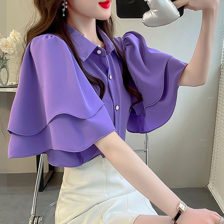 French Lady's Summer Loose Shirt Women's Loose Blouse Solid Color Fairy Style Ruffle Short Sleeve Chiffon Top