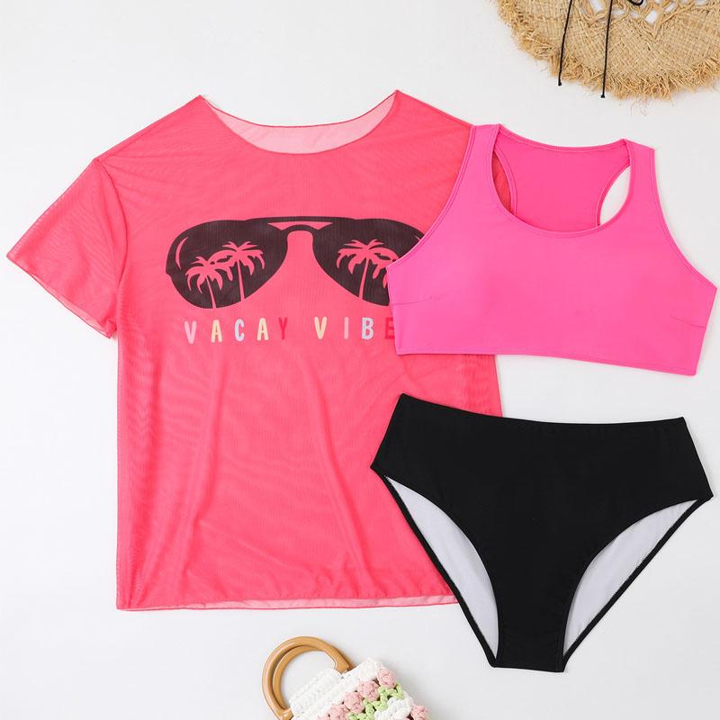 Women's Plus Size Swimsuit Outdoor Beach Bikini Set Printed Mesh Bikini Cover Up Three Piece Set For Women