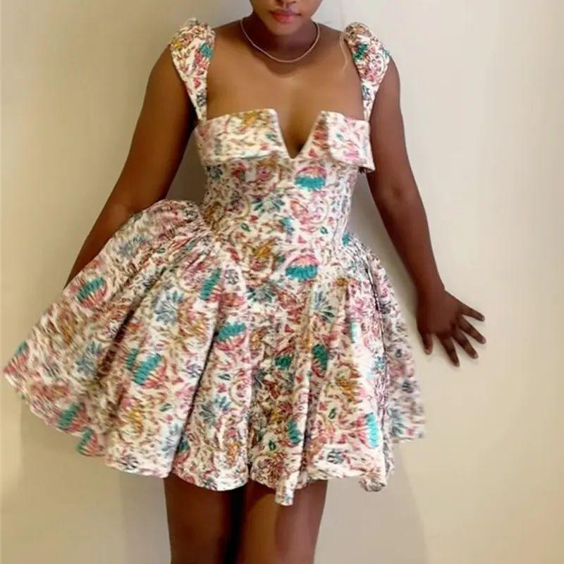 

European and American Women clothes 2025 Summer New Elegant Square Collar Print High Waist Irregular Short Dress Apricot 2XL