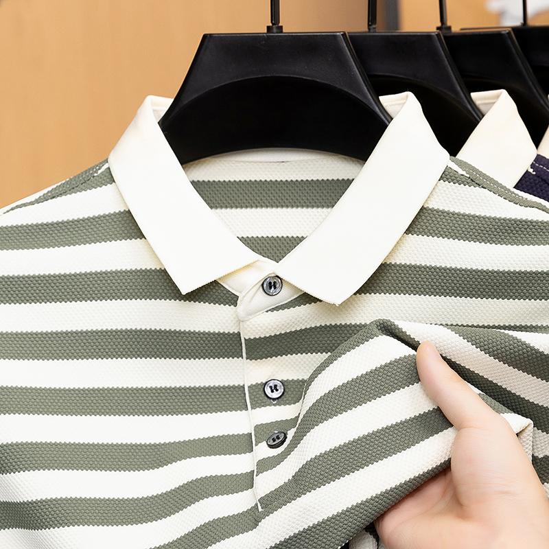 New Short Sleeved T-shirt Men's Striped Polo Shirt Casual Top Summer Ice Silk Lapel T-shirt Fashionable Summer Outfit