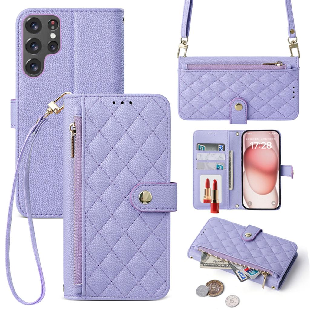 Crossbody Strap Leather Phone Case for Samsung Galaxy S25 FE S23 Ultra S24 Plus Flip Zipper Wallet Card Protect Cover Coque