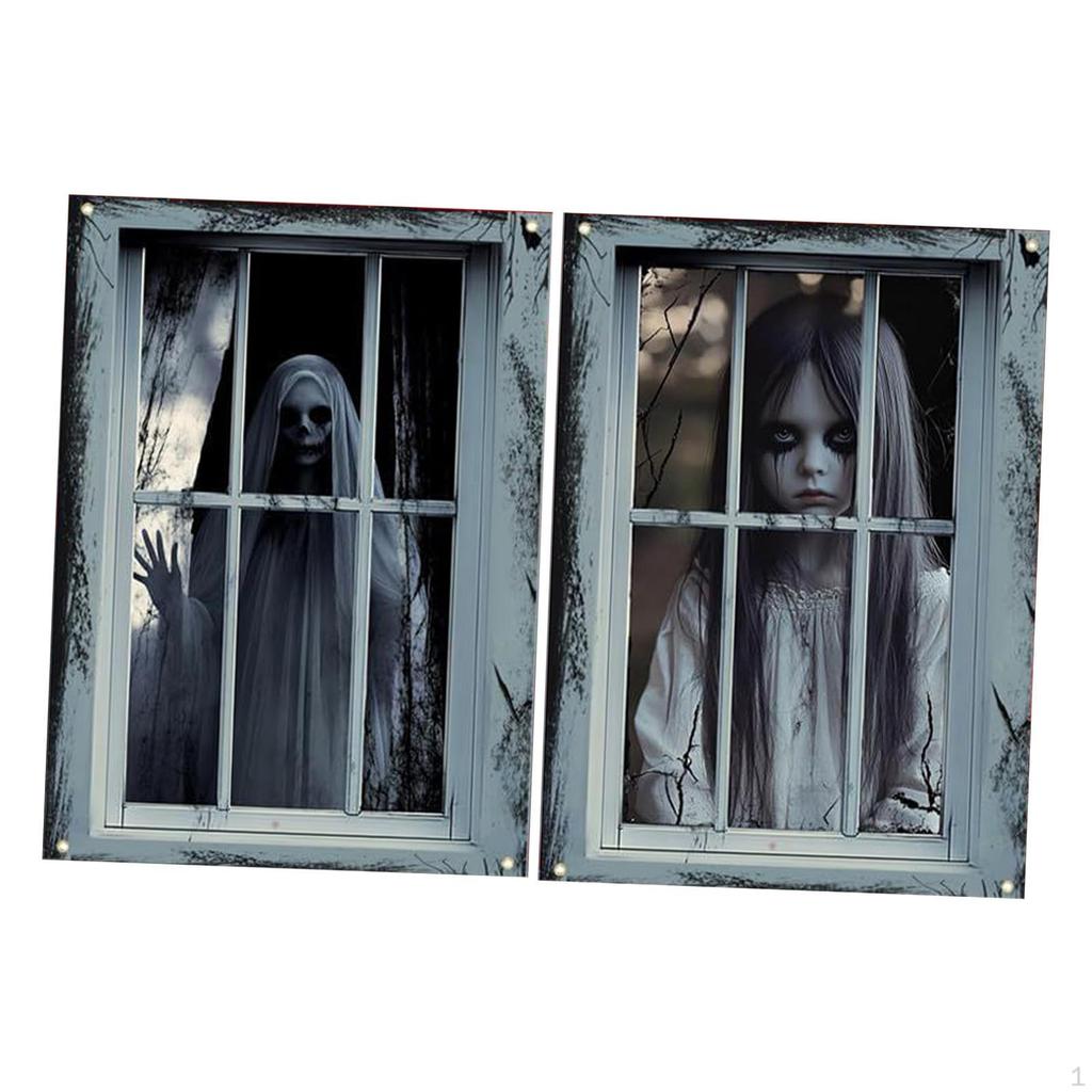2 Pieces Halloween Window Decoration Curtain, Creepy Spooky with Rope Poster for