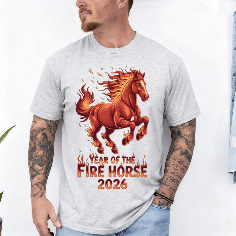 Jahr des Feuerpferdes 2026 Tierkreis Chinesisches Neujahr 2026 Rundhals Kurzarm Baumwoll Oberteil Alle Jahreszeiten Lässig Mode Weiche T-Shirts