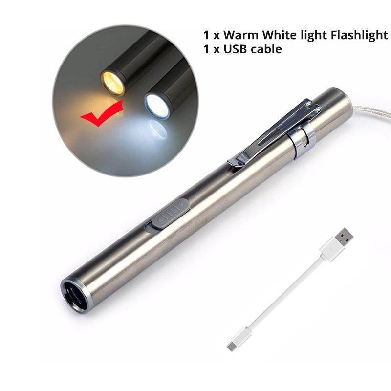 Mini Portable Medical Handy LED Pen Light Flashlight USB Rechargeable Dentist Nurse Torch with Stainless Steel Clip