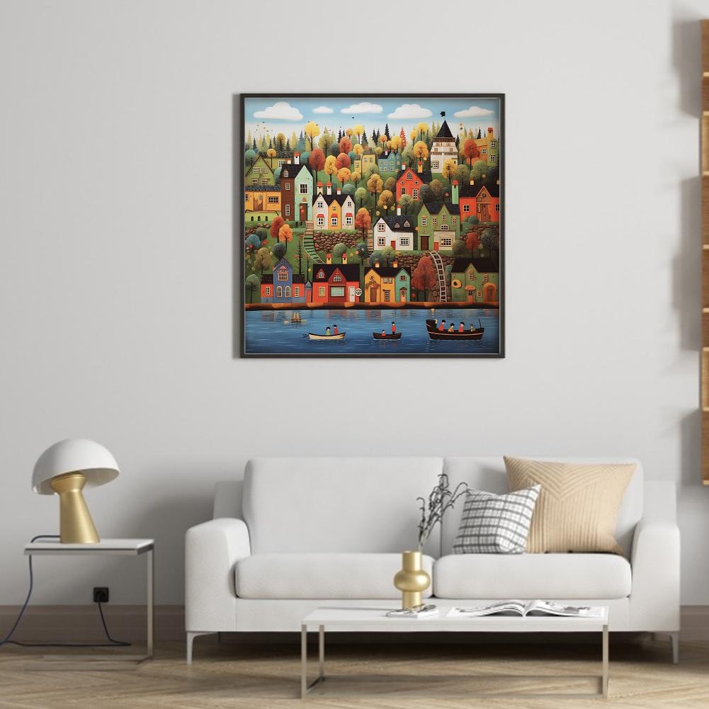 Colorful Houses 14CT 2 Strands DIY Counted Cross Stitch Kits for Beginners Adults Home Decor Needlework Embroidery Kit 50x50cm