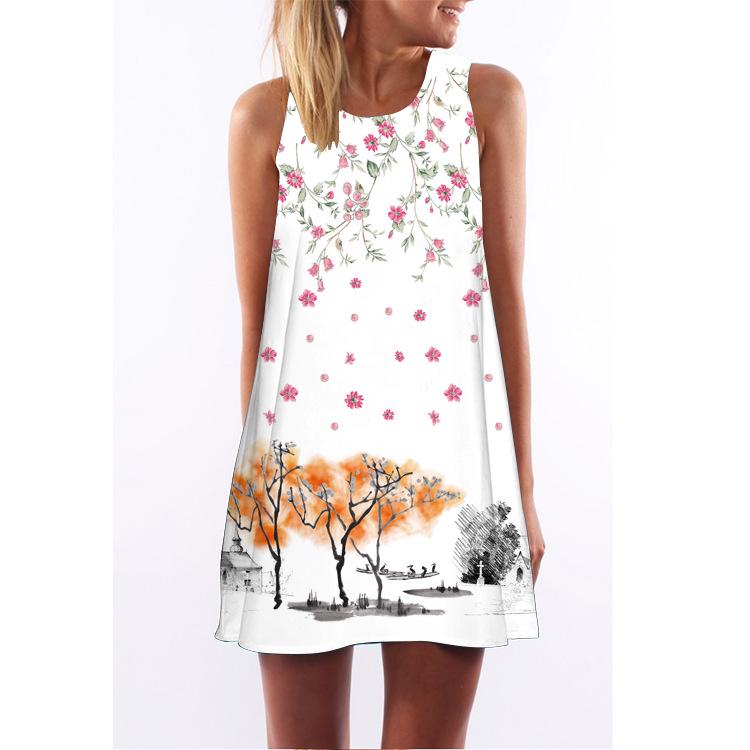 European Station European and American New Retro Digital Printing Round Neck Hot-selling Off-the-shoulder Medium and Long Vest Dress