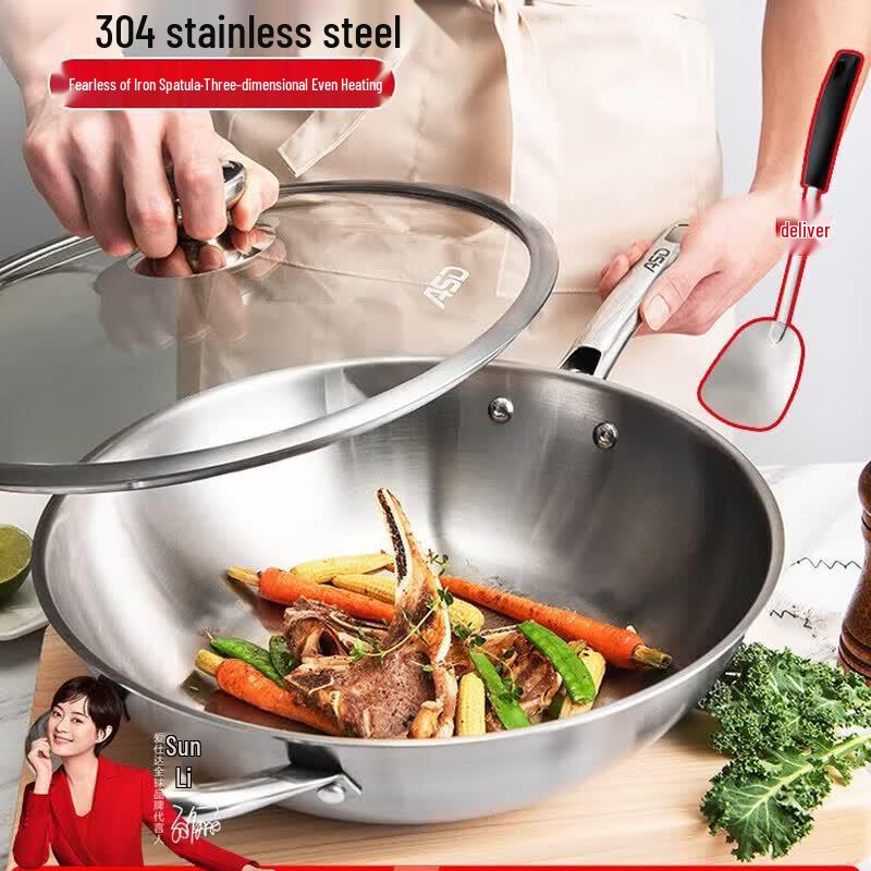 ASD 32cm 304 Stainless Steel Non-Coated Wok