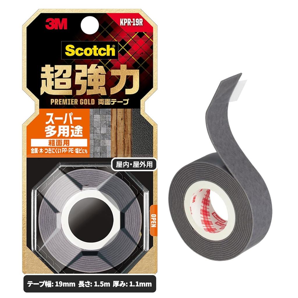 3M Scotch Premier Super für Rau 19mm Ultrastarkes Doppelseitiges Klebeband, Gold, Mehrzweck, Oberflächen, Breit, 1,5m Lang, KPR-19R