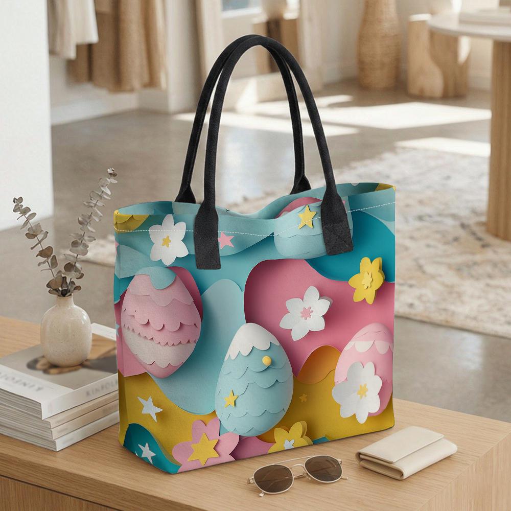  Cute Easter Egg Printed Tote Bag Casual Reusable Shopping Handbag for Daily Use
