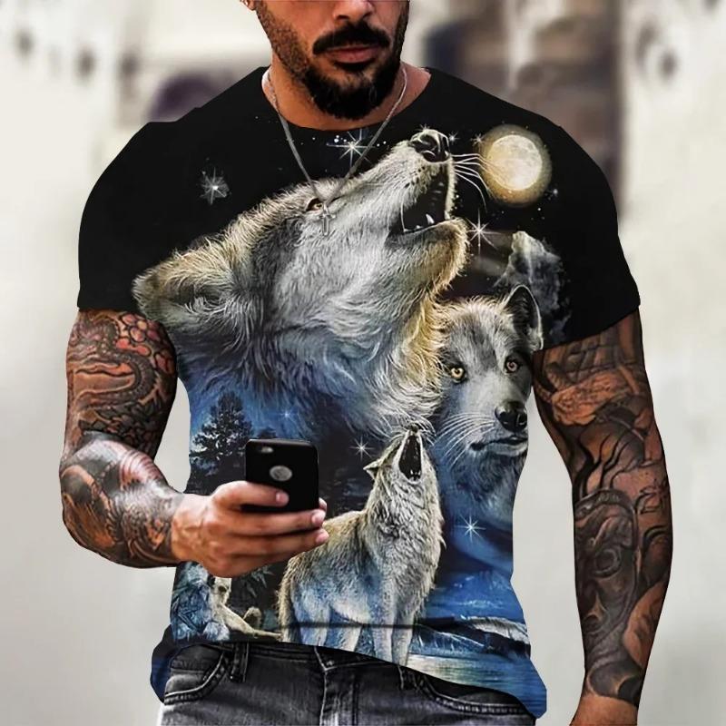 2024 Summer New T-shirt Men's Animal 3D Print Wolf Short Sleeve Top Casual Street Plus Size Men's Clothing